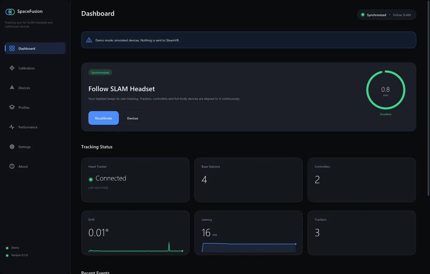 Follow SLAMモードのSpaceFusionダッシュボード。同期したヘッドセット、トラッキング状況、ドリフト、遅延を表示